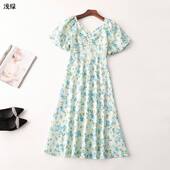 242679 V领 短袖 夏连衣裙 深圳女印花加长款