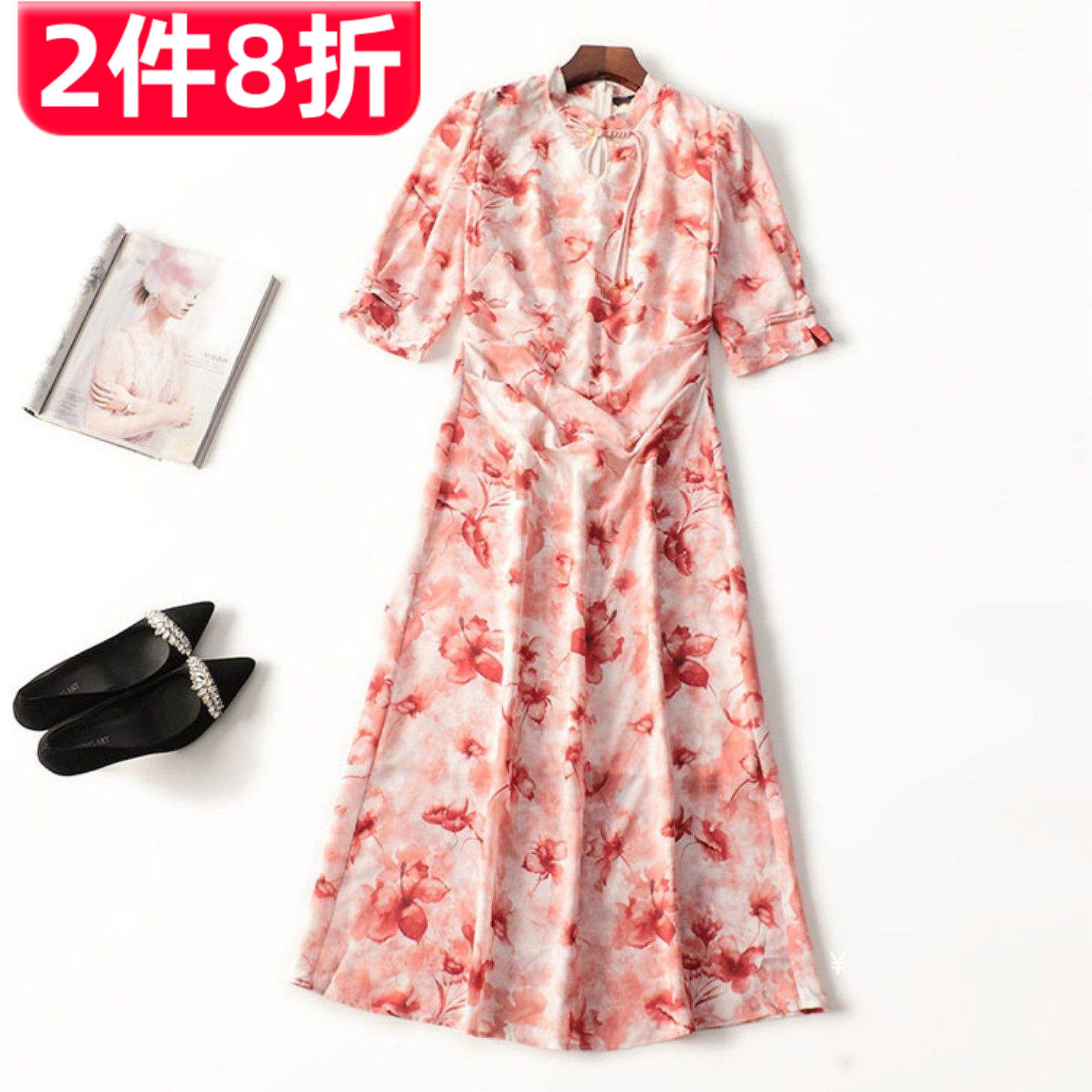 245587 夏连衣裙 深圳女加长款五分袖立领