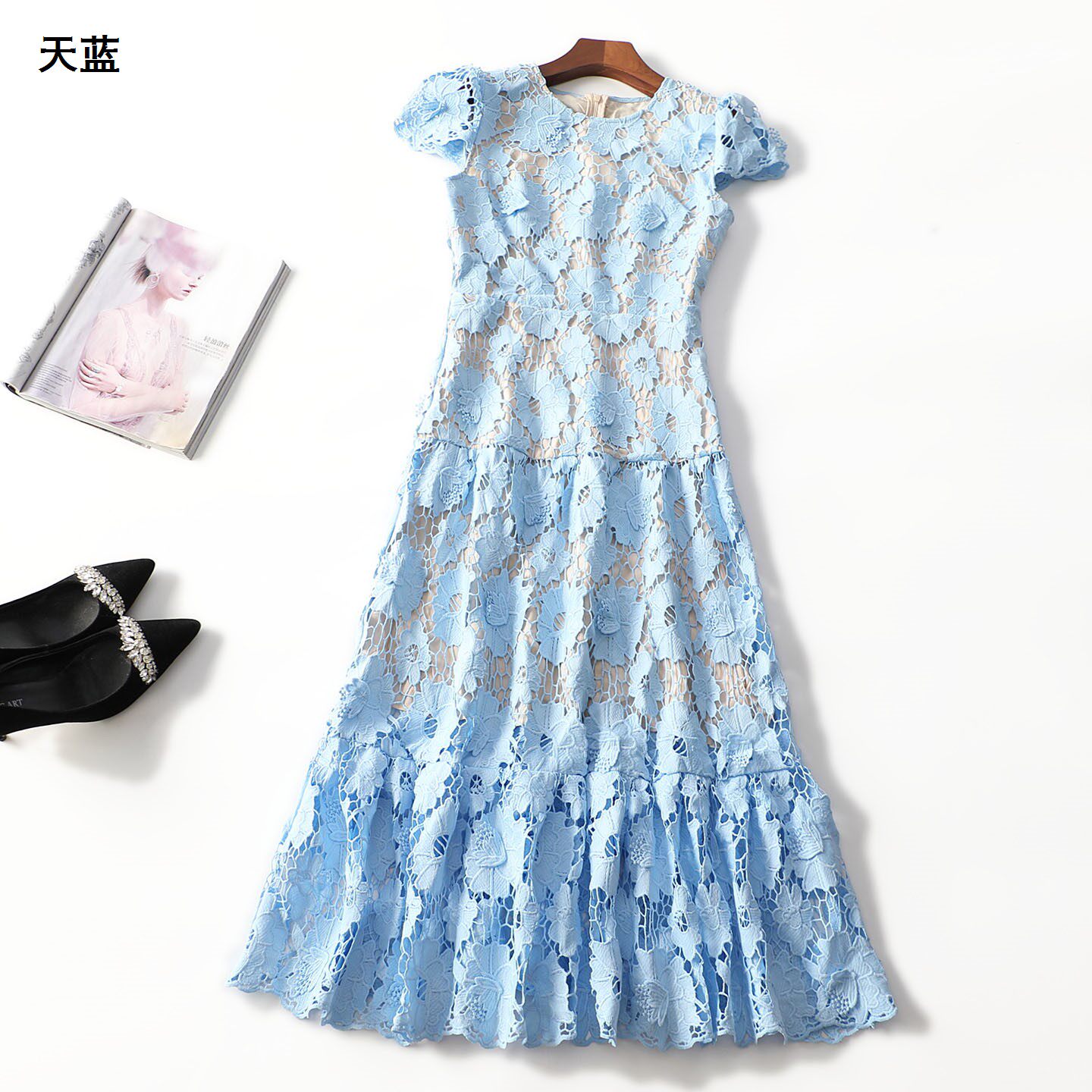 248757南油高定奢华欧洲站批200+走秀重工水溶花夏长款短袖连衣裙