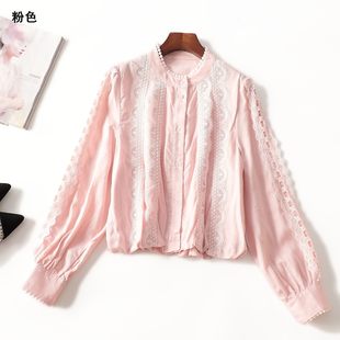 246874 秋天丝麻衬衫 女短款长袖单排扣现货