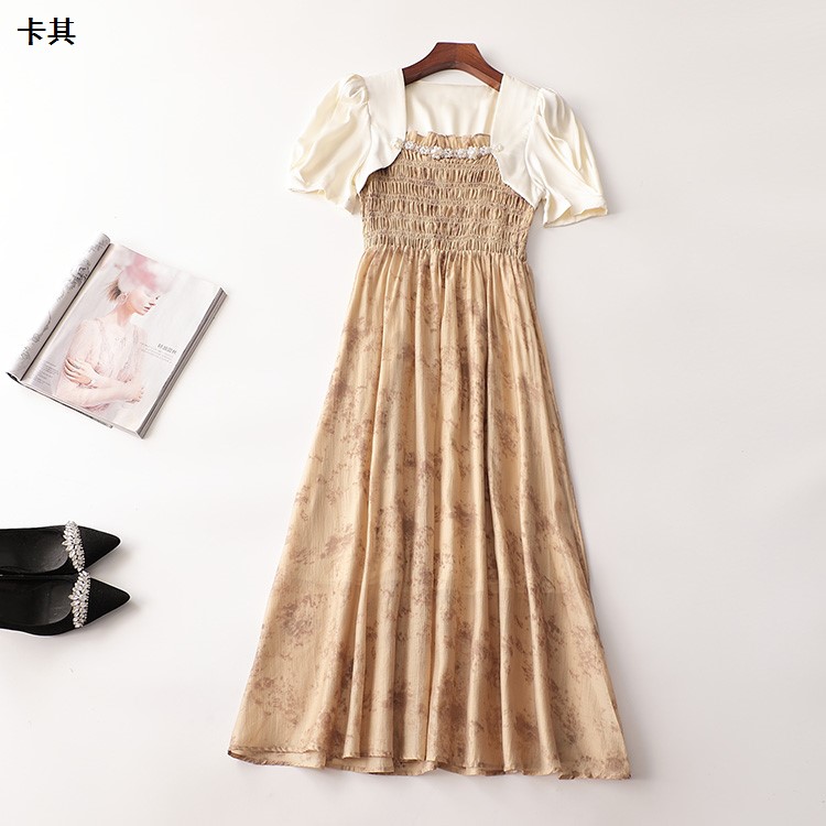 408388 夏连衣裙 女加长款短袖V领