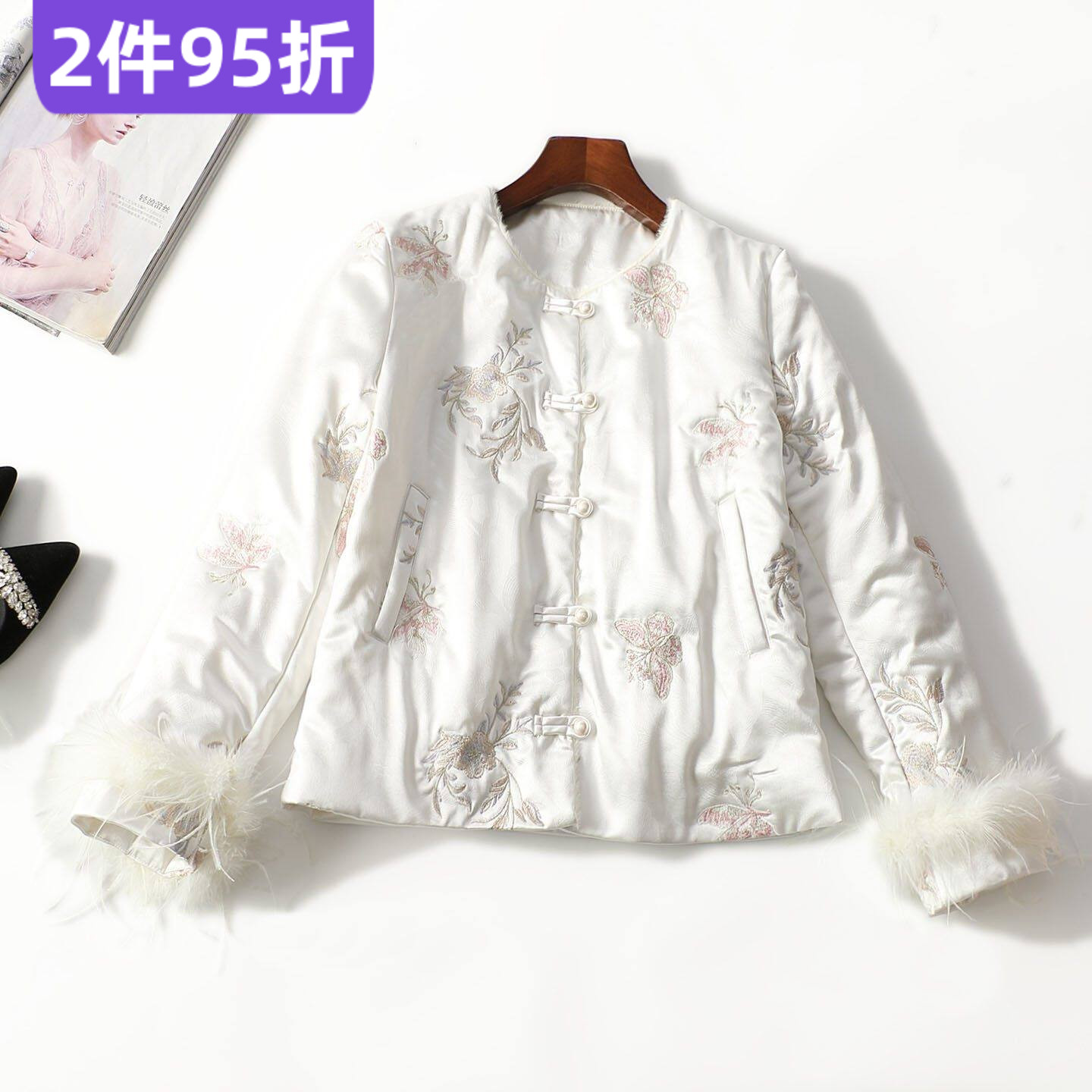 247950 冬棉衣 女印花中长款长袖单排扣.M.L