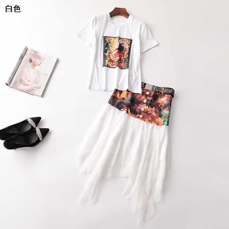 408084 夏T恤半身裙套装 女长款短袖圆领