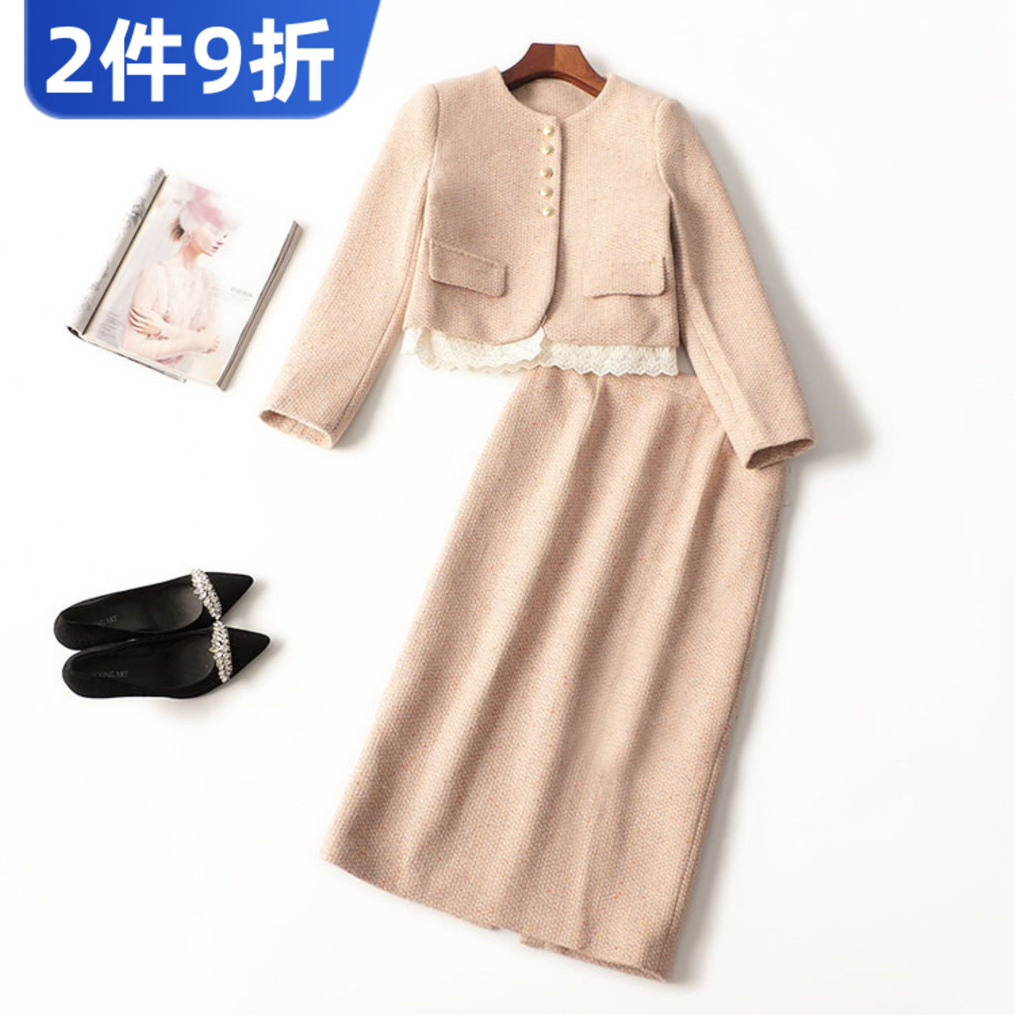 245096 冬外套半身裙套装 女粗纺毛呢羽绒长款长袖圆领