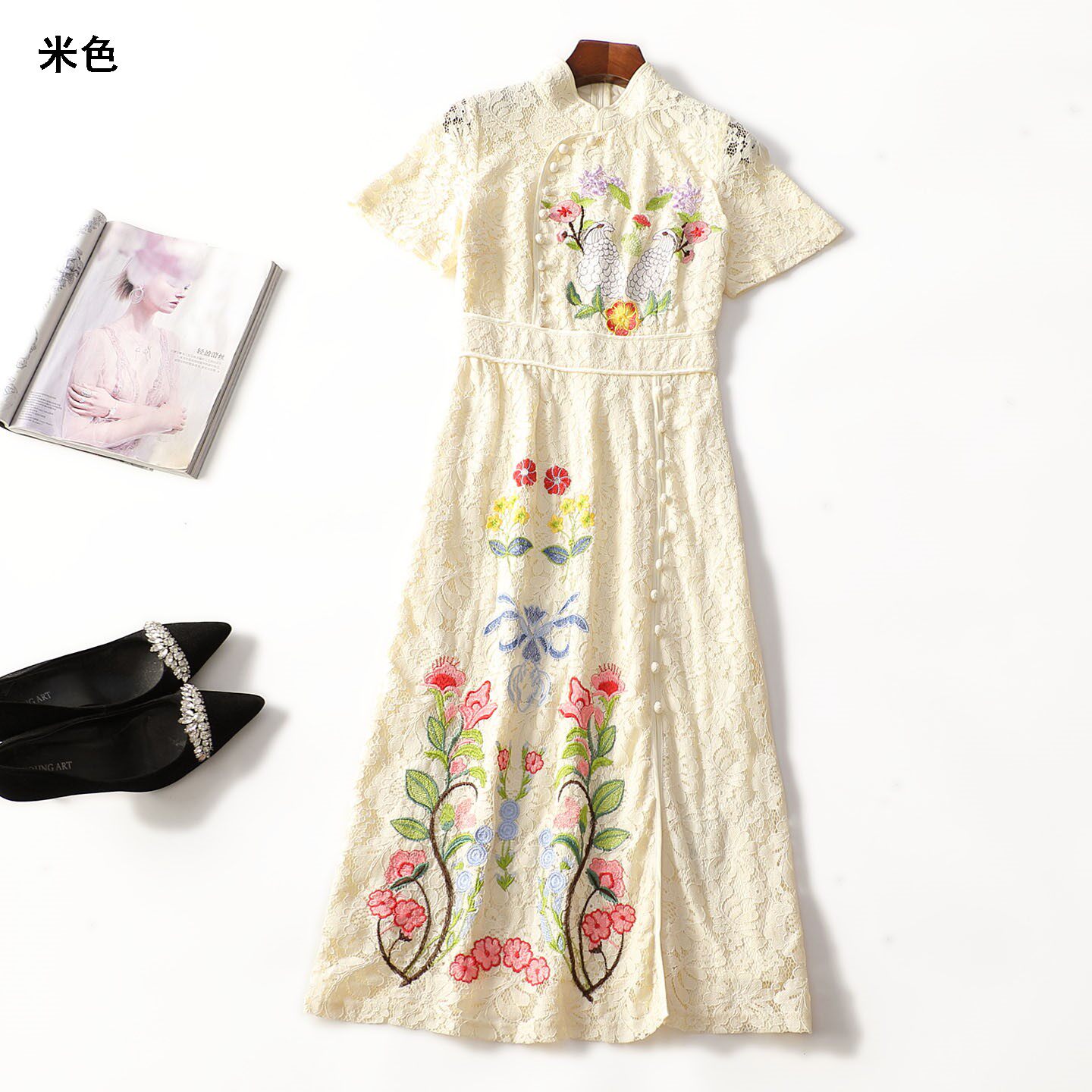 248914南油高端轻奢高货女装重工欧美走秀批200+蕾丝夏长款连衣裙