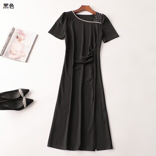 钉珠连衣裙 V领短袖 409282 夏加长款