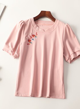245670南油轻奢高端欧洲站高货女装国风夏中长款圆领五分袖T恤