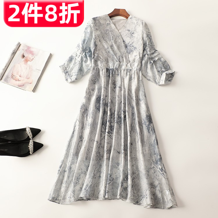 245749 秋连衣裙 深圳女加长款七分袖V领断码清仓