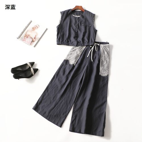 249628 夏马夹裤子套装 女长款无袖单排扣.M.L.XL