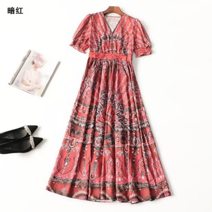 411044 夏连衣裙 女印花加长款五分袖V领.M.L.XL