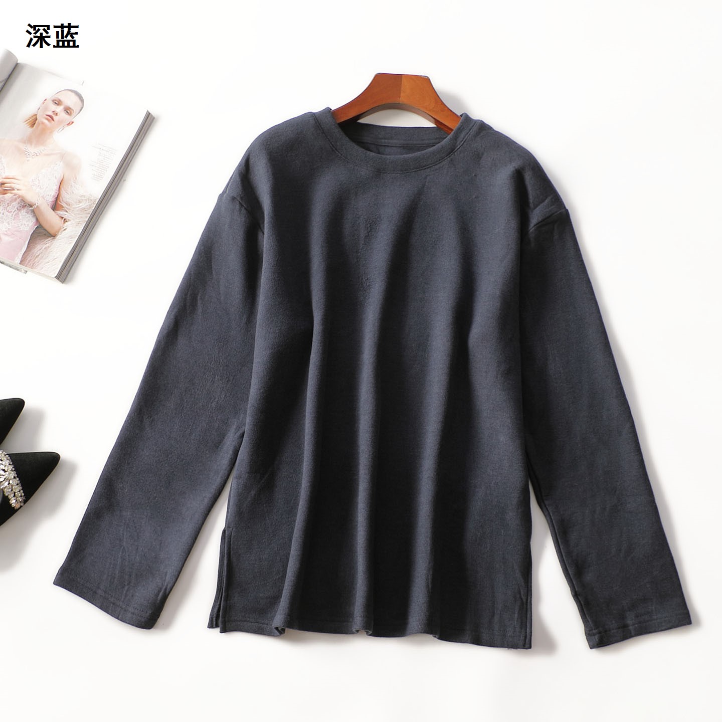 414728 秋上衣 女中长款长袖套头.M.L.XL