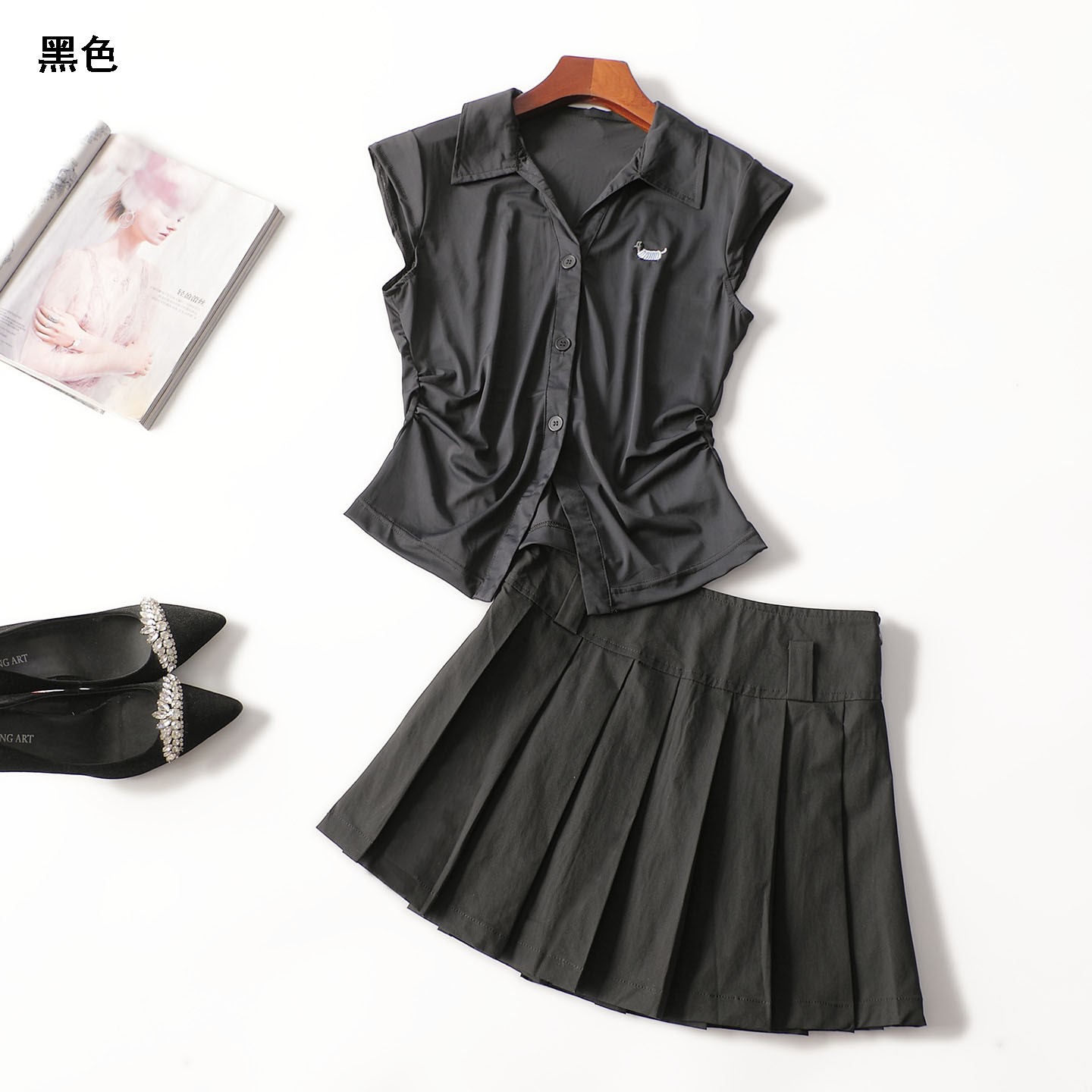 411960 夏衬衣半身裙套装 女短款短袖翻领现货