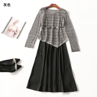 249985 秋针织衫长裙套装 女加长款九分袖套头.M.L.XL