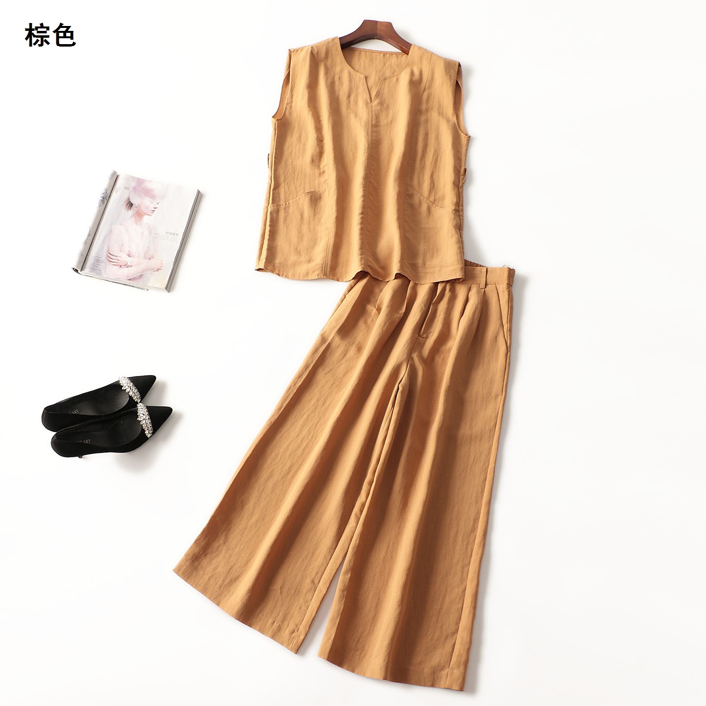 246841 夏莱赛尔人棉上衣裤子套装 女九分无袖套头清仓