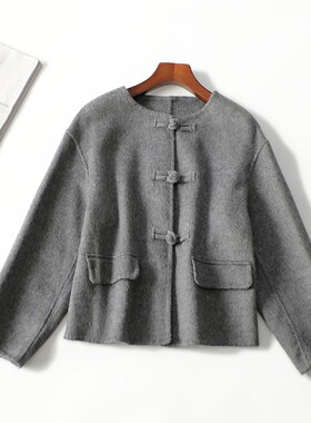 412943 冬中长款单排扣长袖双面呢大衣