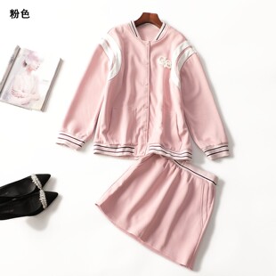 412554新款超值精品女装棒球服秋短款单排扣长袖外套半身裙套装