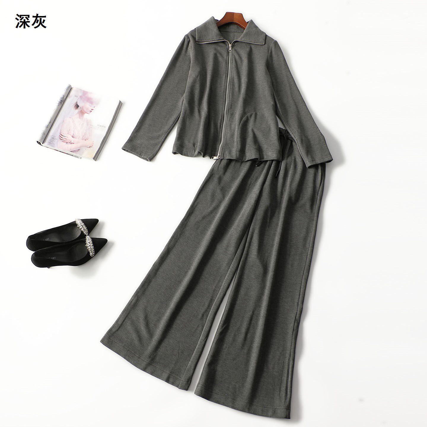 248092 秋外套裤子套装 深圳女加绒长款长袖拉链