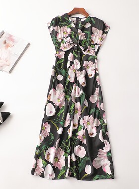 242323 夏加长款V领无袖印花连衣裙