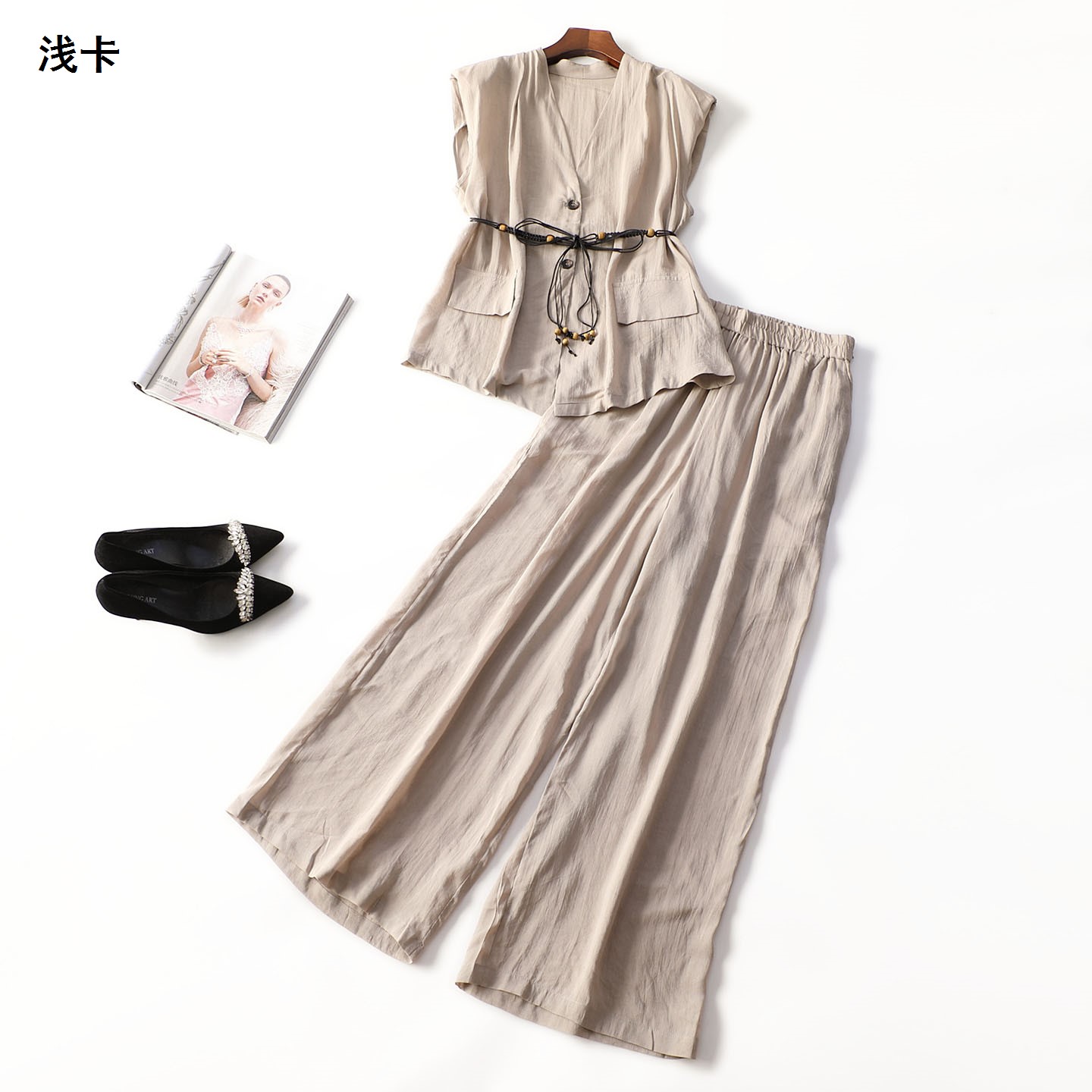 414218 夏马夹裤子套装 女长款无袖单排扣.M.L