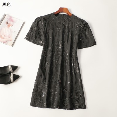 245368 秋连衣裙 女亮片长款五分袖圆领现货