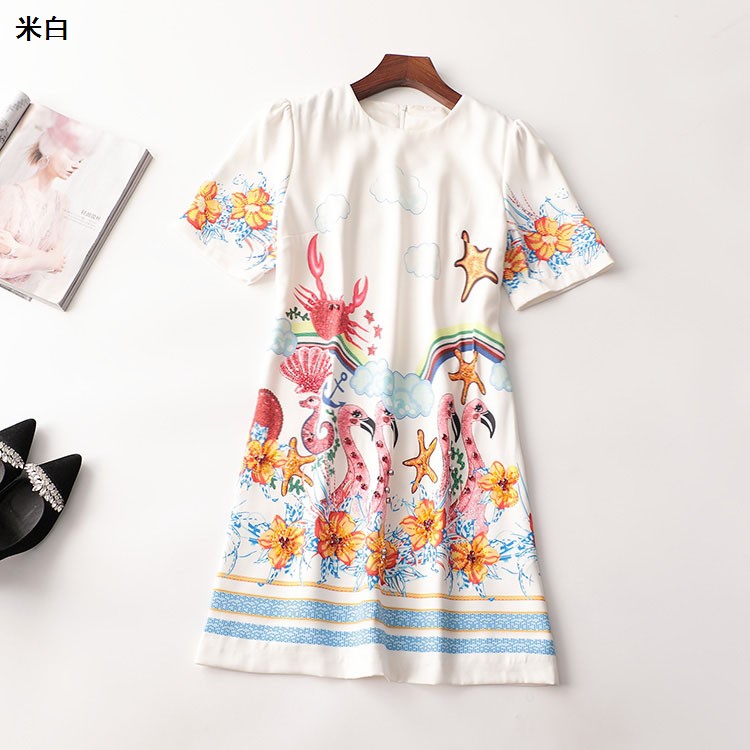 242536 夏连衣裙 深圳女钉珠钉钻印花长款短袖圆领