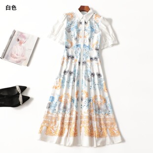 411781南油高端轻奢欧洲站高货女装欧美夏加长款翻领印花连衣裙