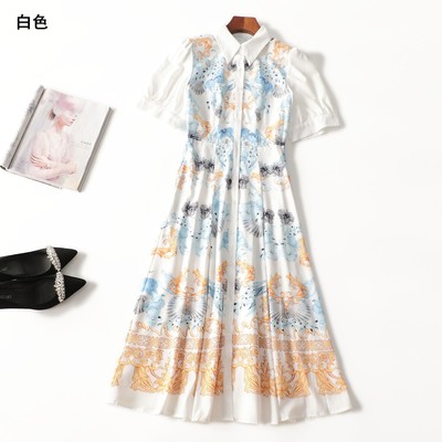 411781南油高端轻奢欧洲站高货女装欧美夏加长款翻领印花连衣裙
