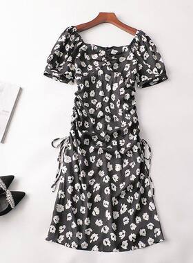 403973 夏连衣裙 女印花长款短袖一字领