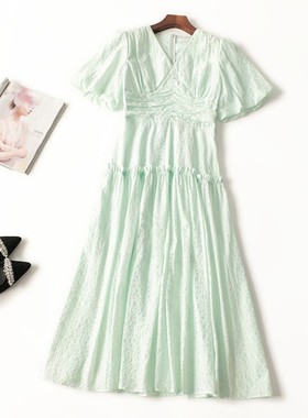 411000 夏连衣裙 深圳女加长款短袖V领断码清仓