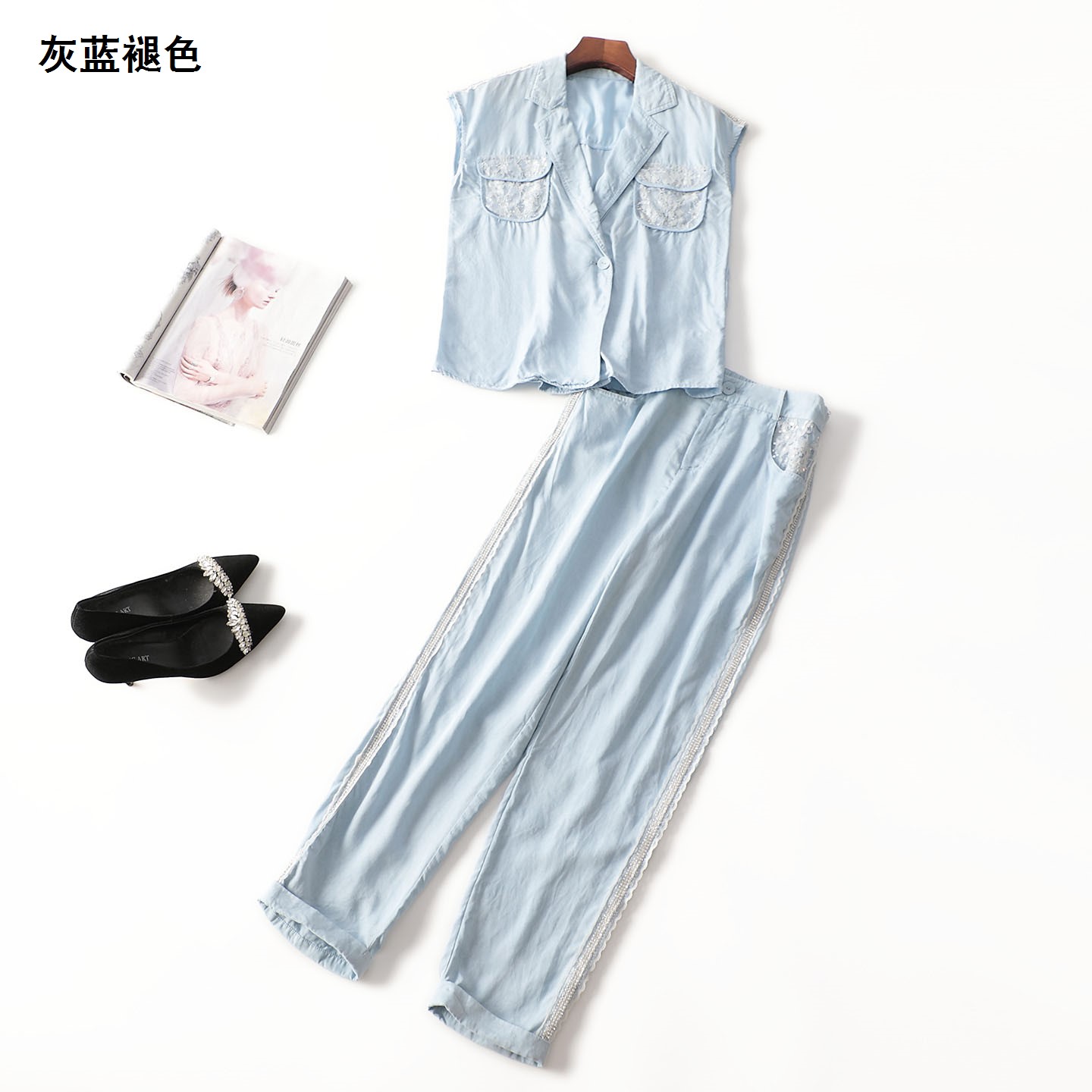 246868 夏莱赛尔马夹裤子套装 女长款无袖单扣清仓