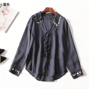 411673 秋天丝麻衬衫 女中长款长袖翻领