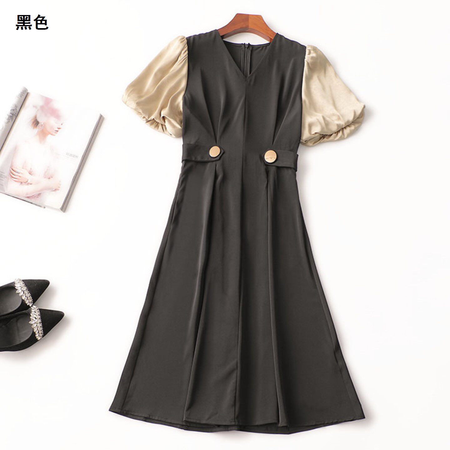 243536 夏连衣裙 女拼色加长款短袖V领.M.L
