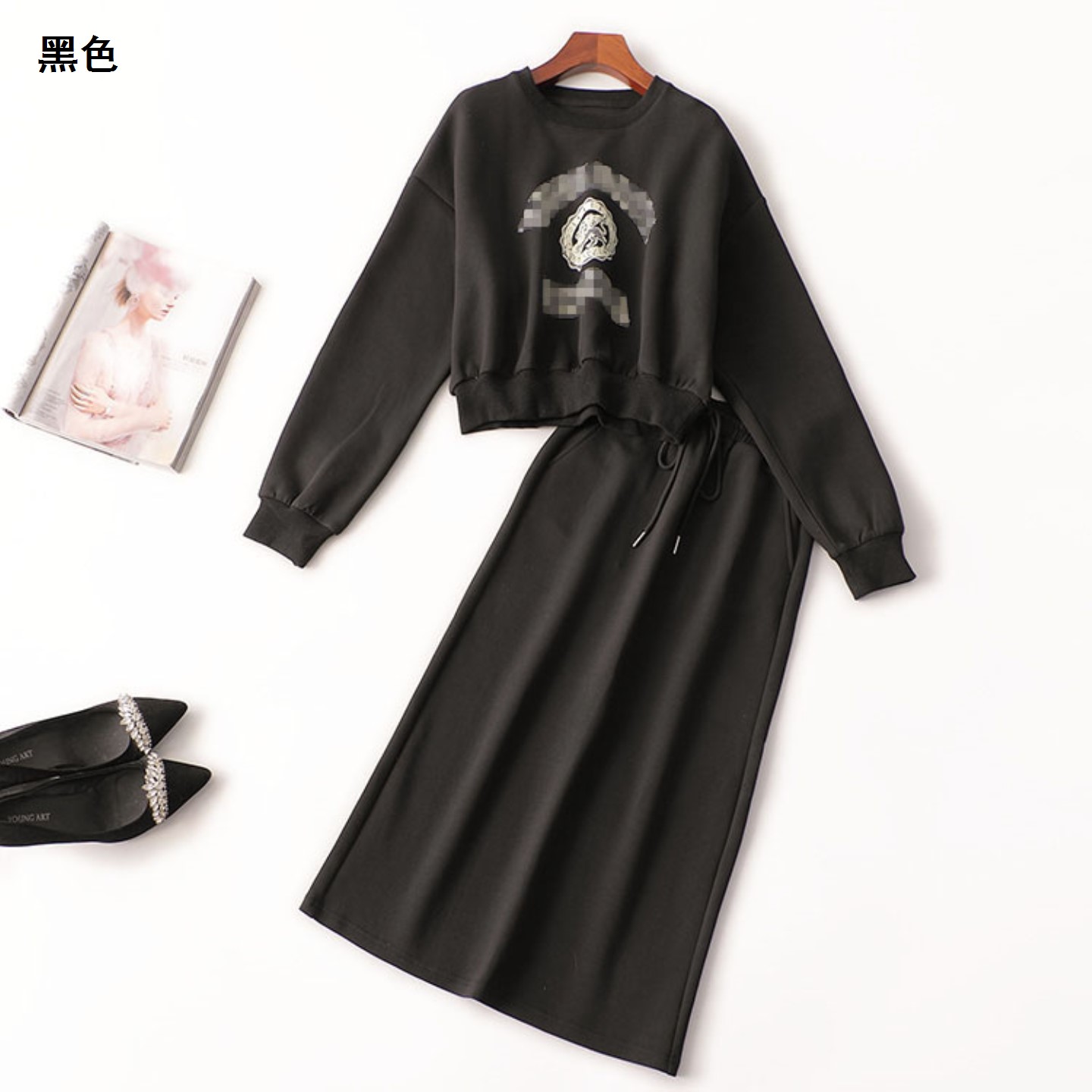 409947 秋棉卫衣半身裙套装 深圳女中长款长袖圆领