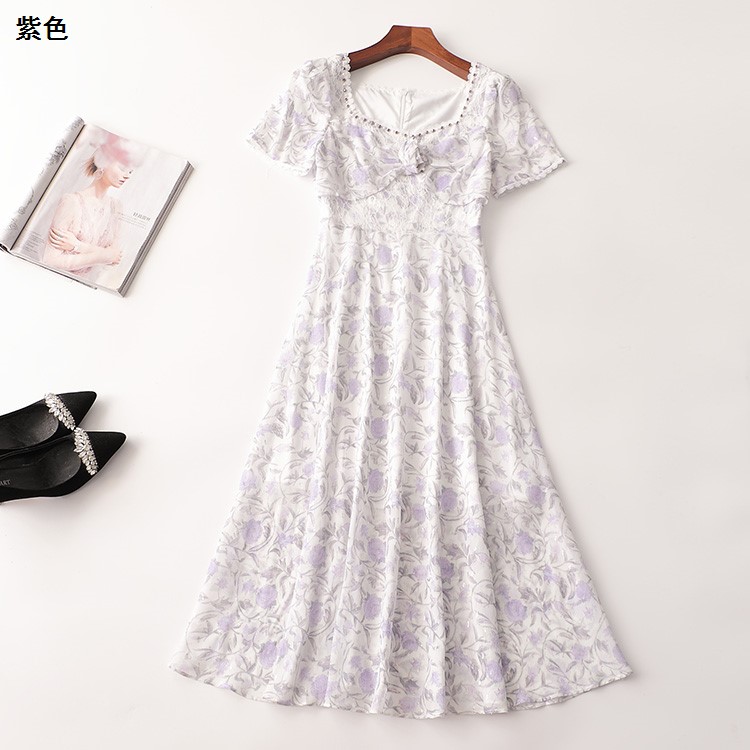 243228 夏连衣裙 女加长款短袖方领现货