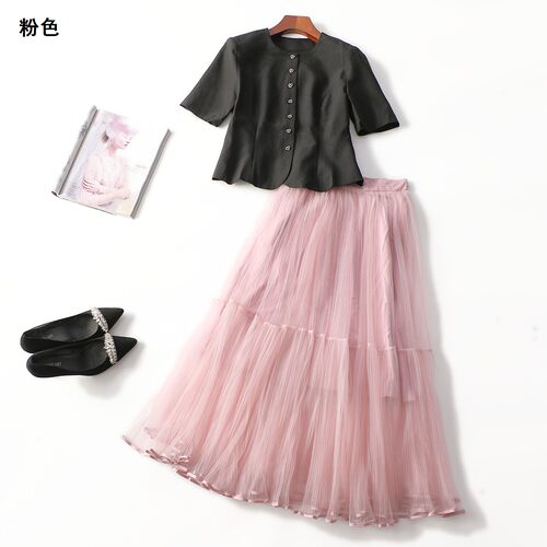 248349新款超值女装洋气法式女人味夏长款短袖上衣半身裙套装