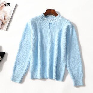 415095新款女装超值长毛毛重工珍珠秋短款套头长袖针织衫毛衣