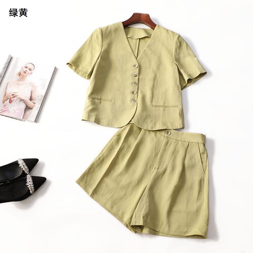 414868 夏外套裤子套装 女短款短袖单排扣.S