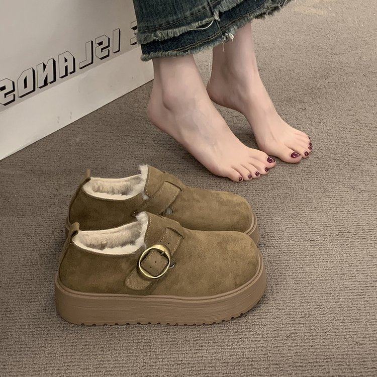 2025冬季新款牛反绒磨砂皮深口圆头修面一字扣人造短毛绒休闲