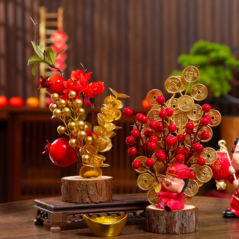 2024龙年新年春节装饰品小号红果发财树桌面摆件商场柜台场景布置