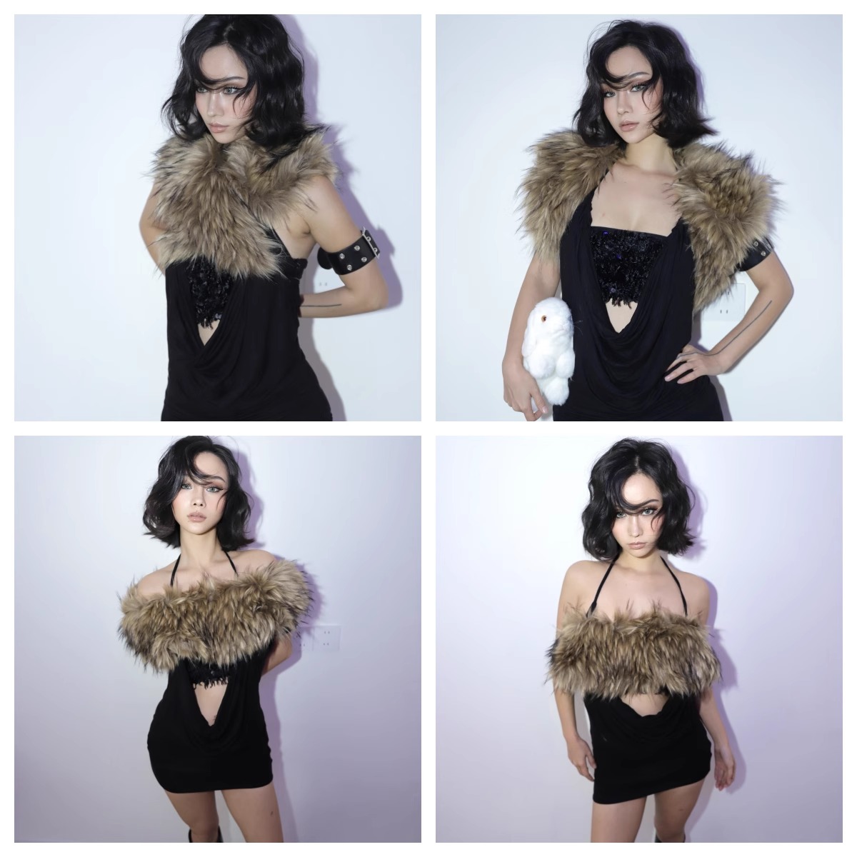 AMAMAY是辣妹 毛毛领皮草绑带多穿法夹棉绑带腰带披肩