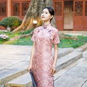 琉璃粉玉 三重门35姆米宋锦古法女旗袍全真襟民国风高级手工盘扣