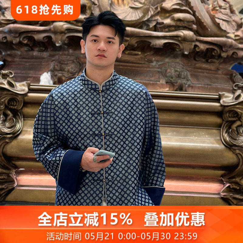 苍月*三重门2026秋冬原创宋锦男装国潮真丝中式外套复古盘扣长袖