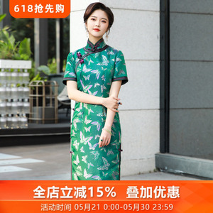 三重门复古日常长款修身旗袍中式