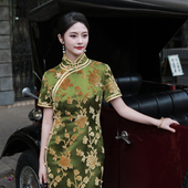 绿韵华裳三重门50姆米高端漳绒缎桑蚕丝复古长款 旗袍国风高级 新款