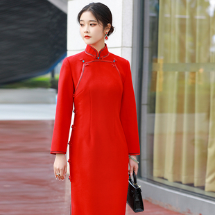 白雪歌 真丝羊毛呢中国风长款 日常双襟旗袍新款 2026女 三重门冬季