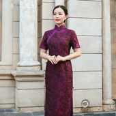 旗袍真丝端庄优雅28姆米复古礼服夏季 三重门{紫调} 花罗复古长款