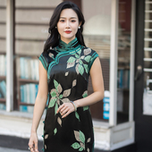 绿影清风30姆米真丝复古无袖 显瘦日常气质 旗袍女高端宴会礼服修身