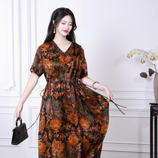 羽凤三重门2026年夏季 红云纱桑蚕丝连衣裙改良旗袍国风复古女 中式