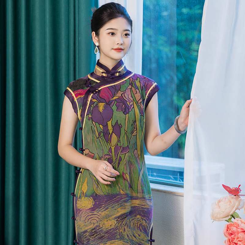 三重门复古日常长款修身旗袍中式