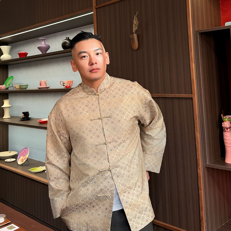 瑞玉三重门宋锦桑蚕丝中式夹克青年外套复古高端盘扣长袖男装时尚